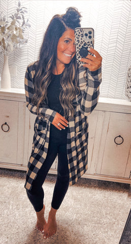 Black Plaid Open Front Cardigan