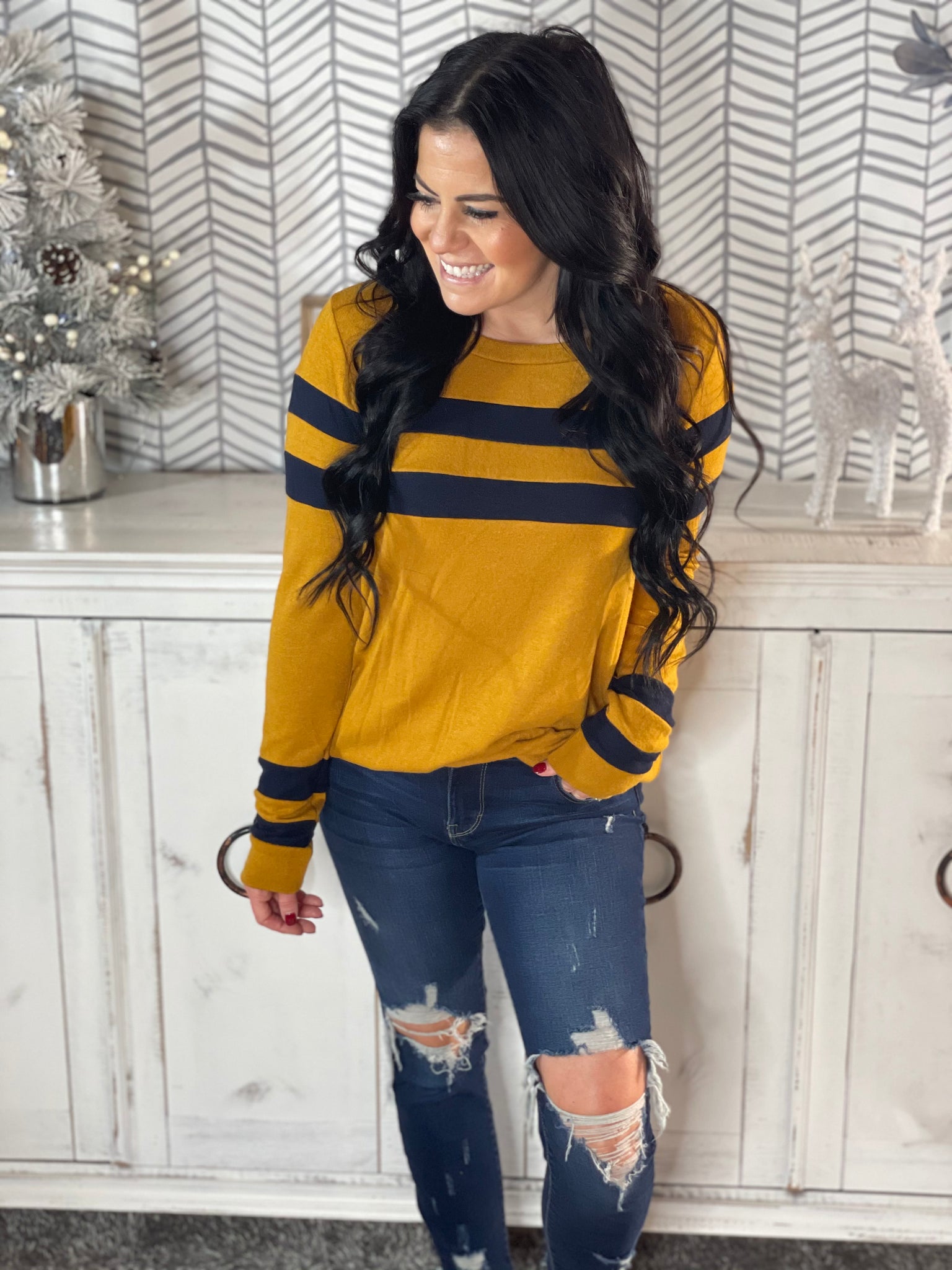 Mustard/Navy Striped Long Sleeve