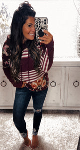 Burgundy Striped Floral Hoodie