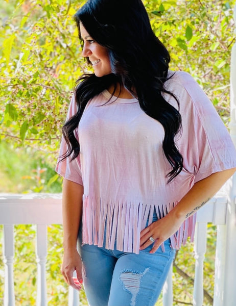 Mauve Fringe Hem Short Sleeve