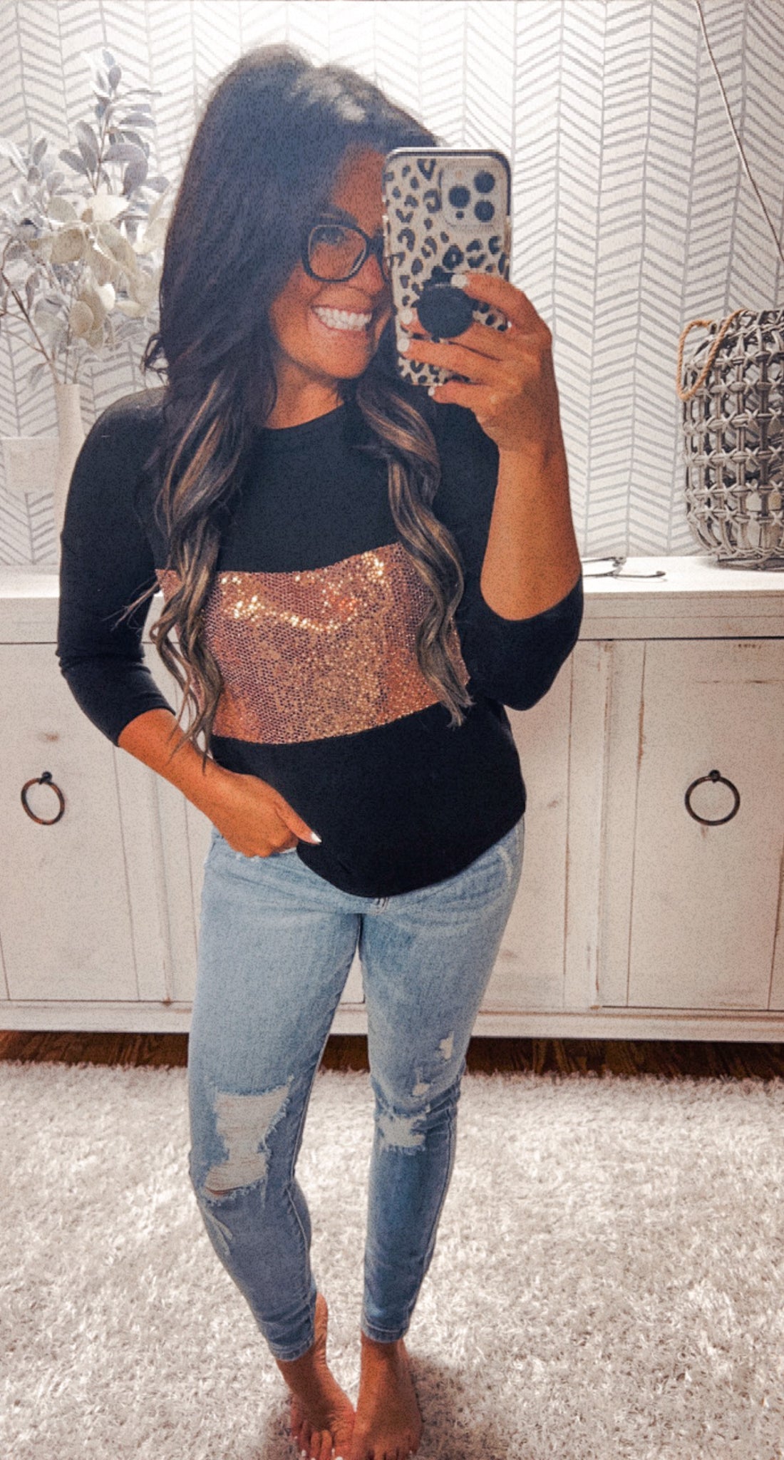 Black/Rose Gold Color Block Sequin Top