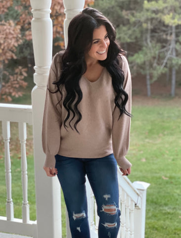 Heather Latte V Neck Dolman Sweater