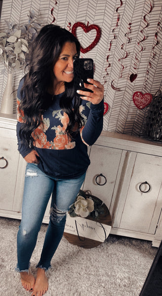 Navy Floral Color Block Long Sleeve