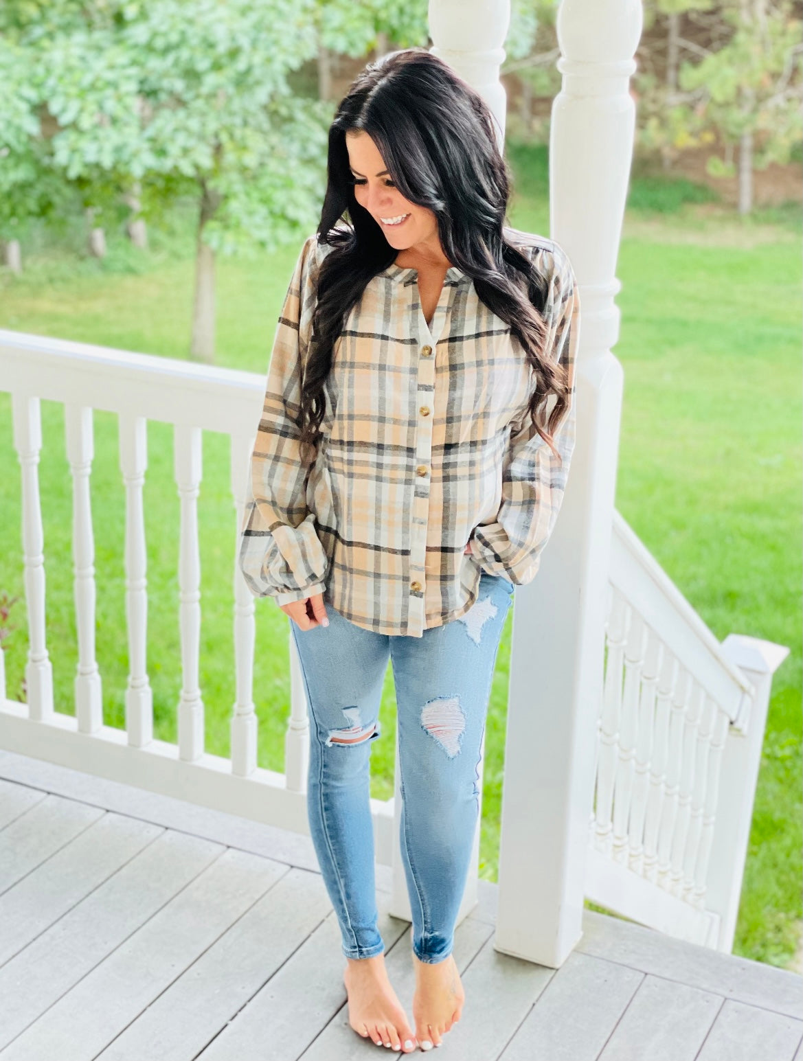 Taupe Plaid Button Down Flannel