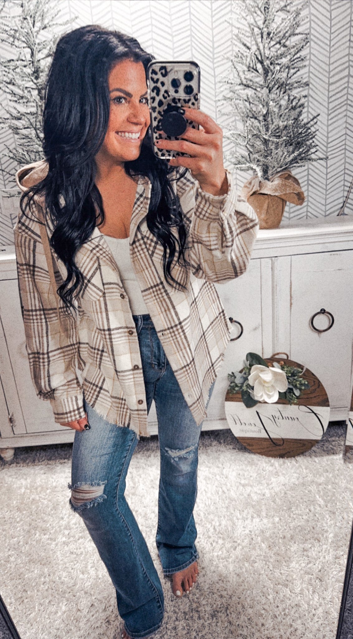 Taupe/Cream Plaid Hoodie Flannel