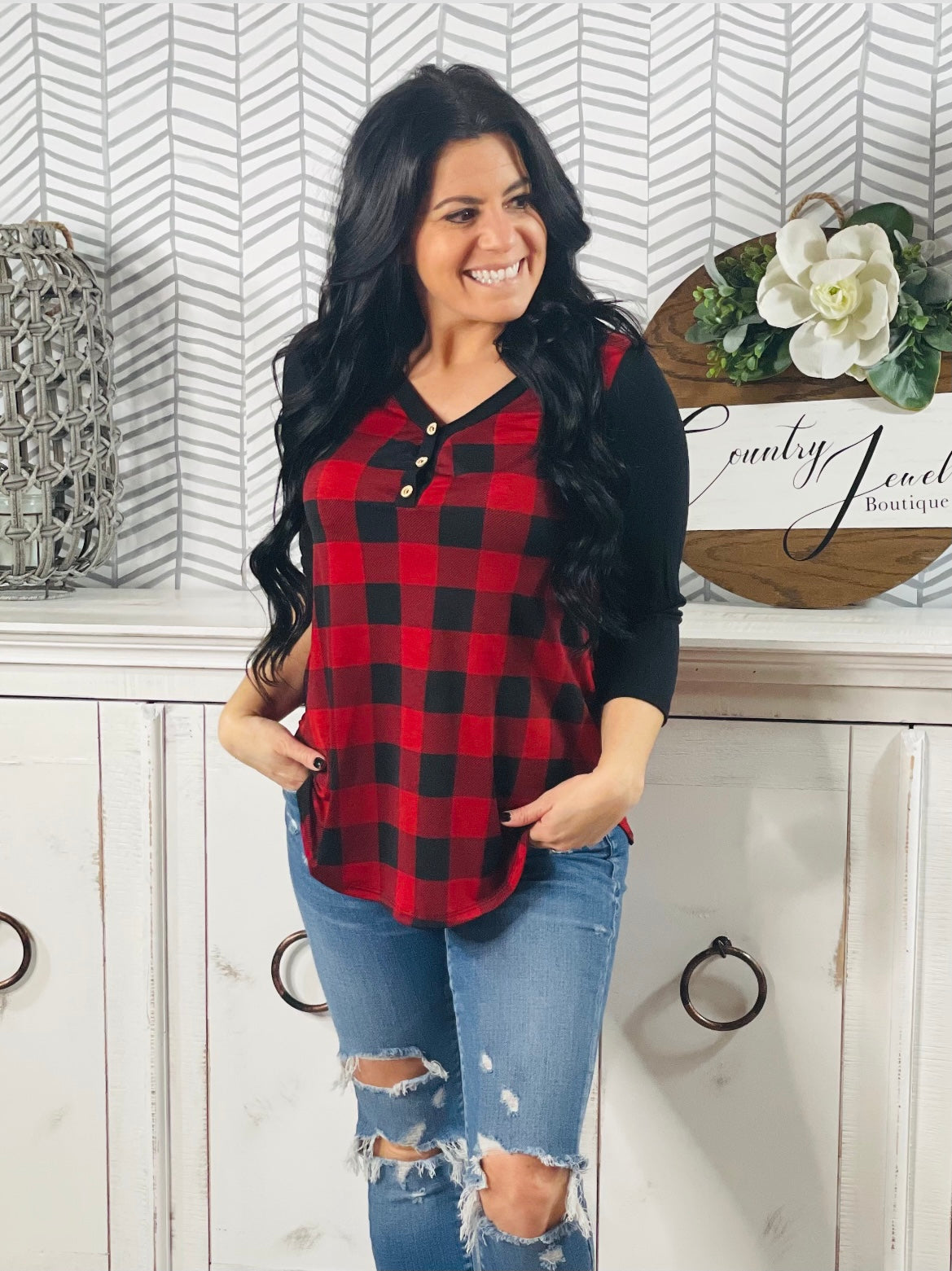 Red Buffalo Plaid V Neck