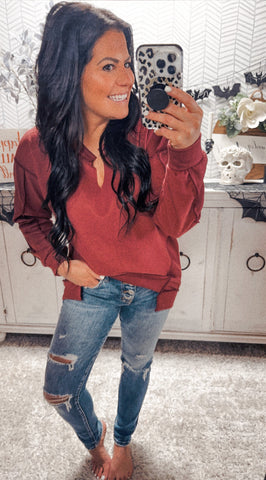 Super Cozy Marsala V Neck Long Sleeve